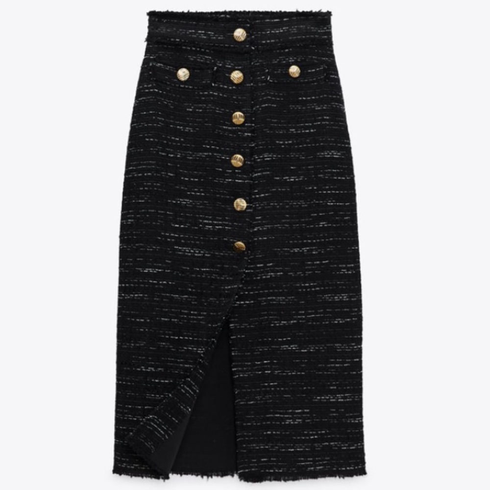 Zara Black Tweed Midi Skirt with Gold Buttons